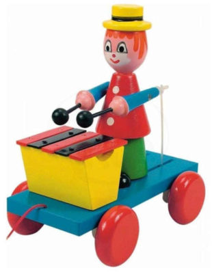 Dětská retro dřevěná hračka tahací klaun s xylofonem